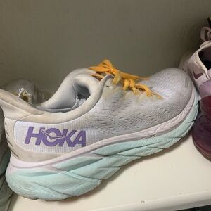 Hoka White and Lavender Sneakers with Light Blue Sole